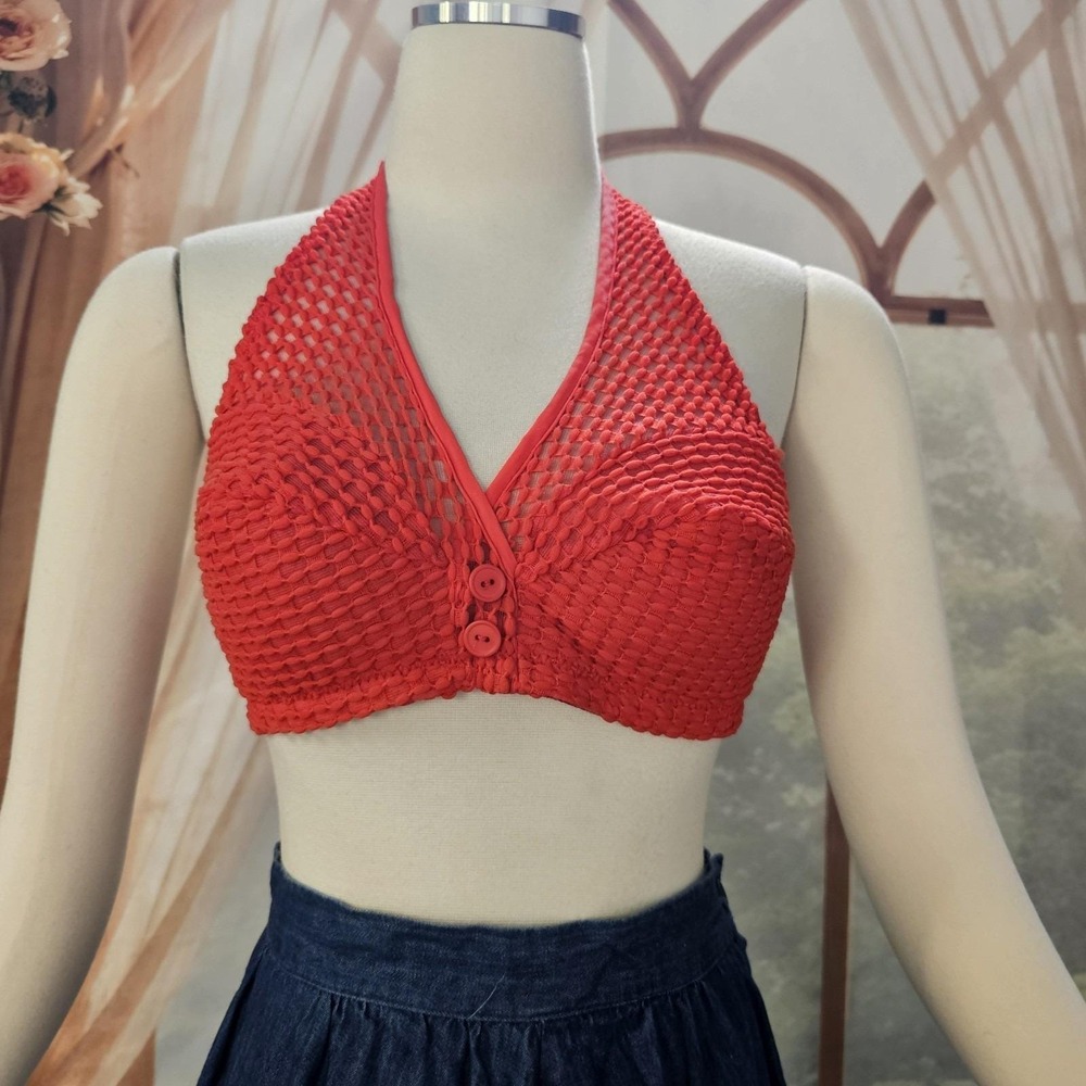 Vintage 1960's Halter Top Bikini Crimson Red Lace De Luxe Fashions Retro